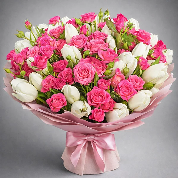 Весенний мотив - букет из белых тюльпанов